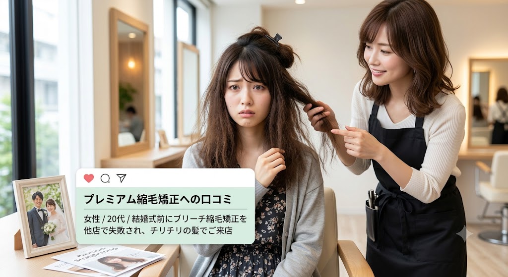 プレミアム縮毛矯正への口コミ_女性/20代/結婚式前にブリーチ縮毛矯正を他店で失敗され、チリチリの髪でご来店
